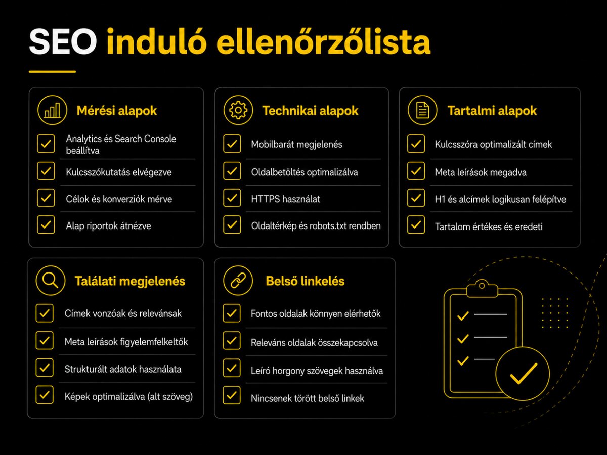 SEO induló ellenőrzőlista: mérési, technikai, tartalmi, megjelenési és belső linkelési alapok